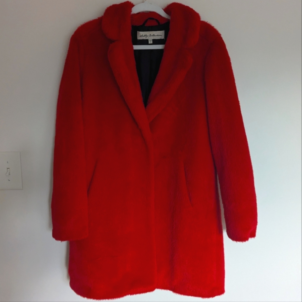 RED FAUX FUR COAT size medium Sebby Collection